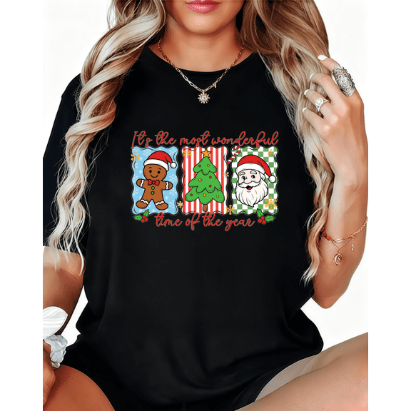 Women's Black Christmas Print Tshirt Graphic Tees Shirts Most Wonderful Time Gingerbread Tree Santa Tops S-5XL