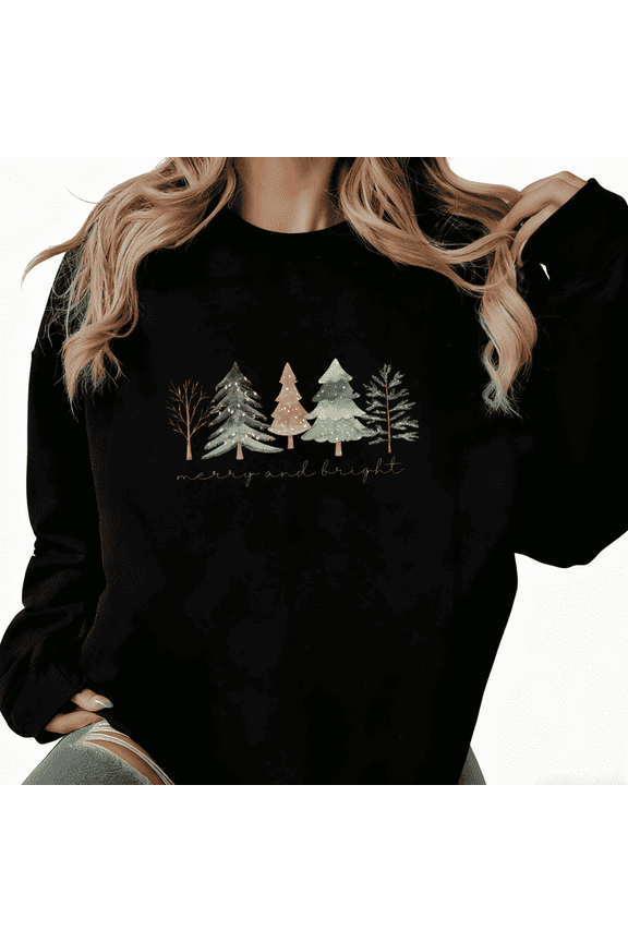 Women's Black Christmas Tree Watercolor Art Pattern Artistic Niche Design Trendy Loose Casual Sweatshirt S-3XL