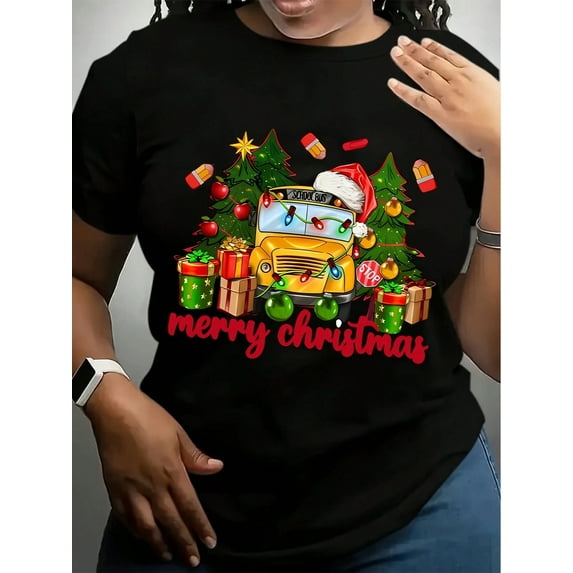 Women's Black Christmas Vintage Bus & Tree Graphic T-Shirt - Merry Christmas Print Casual Round Neck Top, Machine Washable Holiday Party Gift, Family Christmas Shirts, Festive Clothing, Festive D