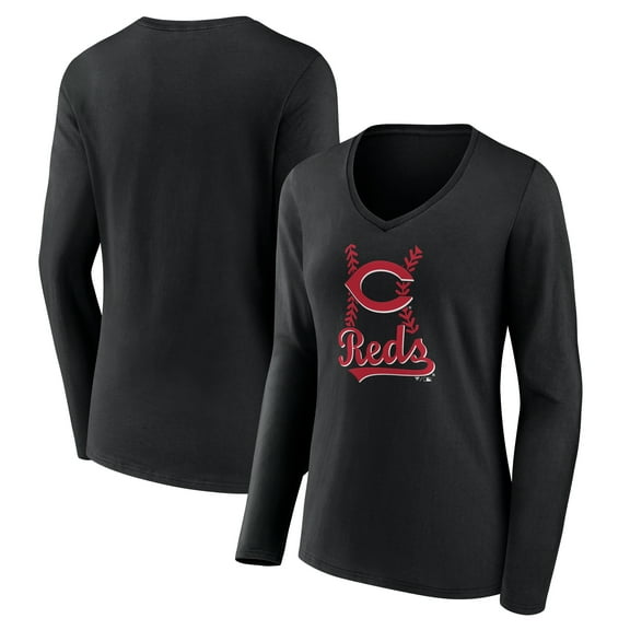 Women's Black Cincinnati Reds Fastball Long Sleeve V-Neck T-Shirt
