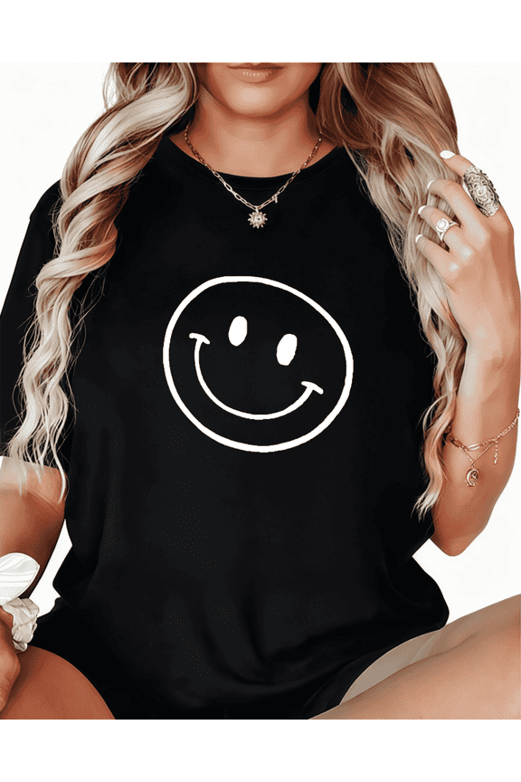 Women's Black Classic Smile Face Design Graphic Print Tshirt S-5XL Daily Wear Graphic Tees Shirts Tops