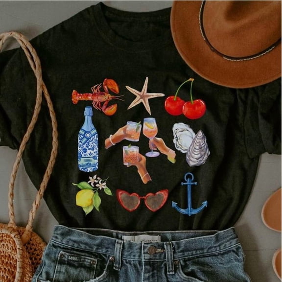 Women's Black Coastal Summer Graphic Tee S-5XL, Whimsical Printed T-Shirt Top for Beach Enthusiasts & Seafood Lovers, Casual Graphic Tees Tops