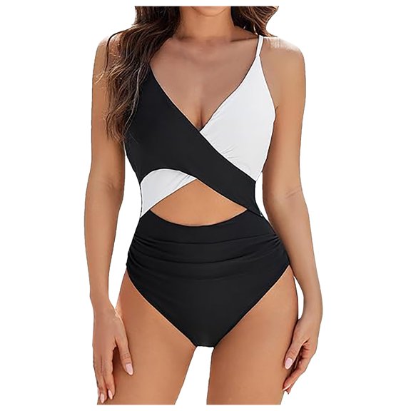 Women's Black Color Block One Piece Swimsuit Plunging Knotted Monokini,One-Piece,LYCAQL