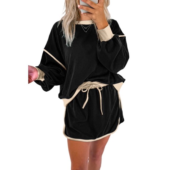 Women's Black Color Contrast Loose Pullover and Lace-Up Waist Skort Set | [ZhiHiMeRi] | (US 12-14)L
