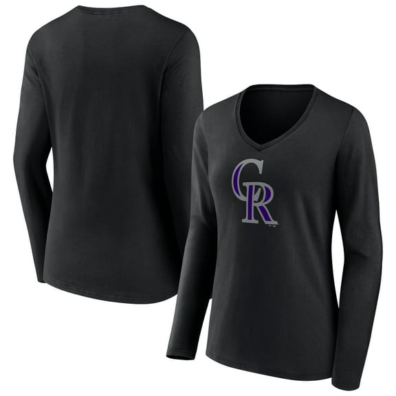 Women's Black Colorado Rockies Team Color Primary Logo V-Neck Long Sleeve T-Shirt