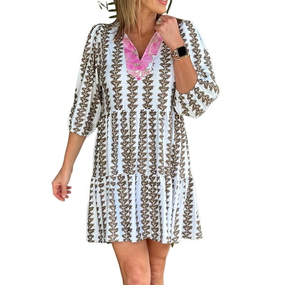 Women's Black Contrast Floral V Neck Printed Bracelet Sleeve Mini Dress - [ZhiHiMeRi] | (US 16-18)XL