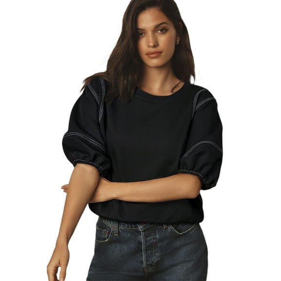 Women's Black Contrast Stitches Detail Puffy Half Sleeve Blouse for Casual Style | [ZhiHiMeRi] | (US 12-14)L