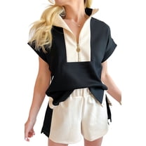 Women's Black Contrast Zipped Stand Collar T-Shirt and Short Set - Casual Color Block Design - [ZhiHiMeRi] | (US 12-14)L