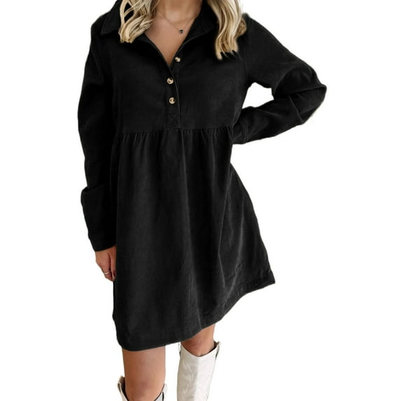 Women's Black Corduroy Long Sleeve Mini Dress – Casual Half Button Collar for Everyday Wear | XL