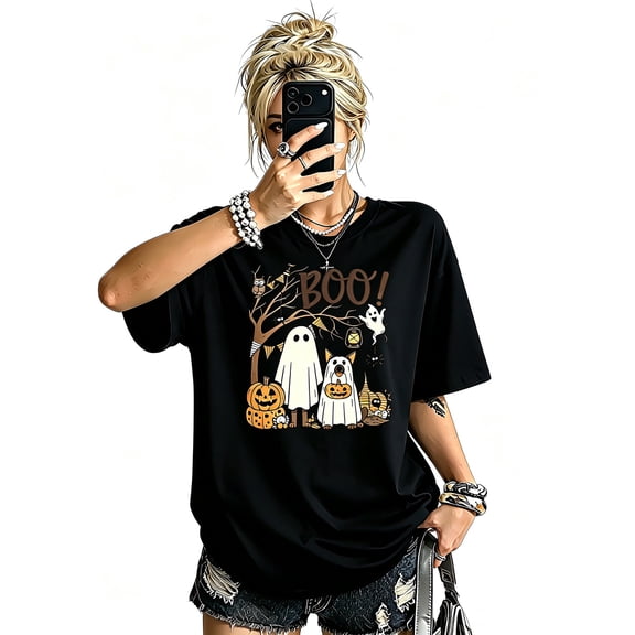 Women's Black Crew Neck Oversized Graphic T-Shirt, Boo Ghost Dog Pumpkin Halloween Spooky Short Sleeve Tee