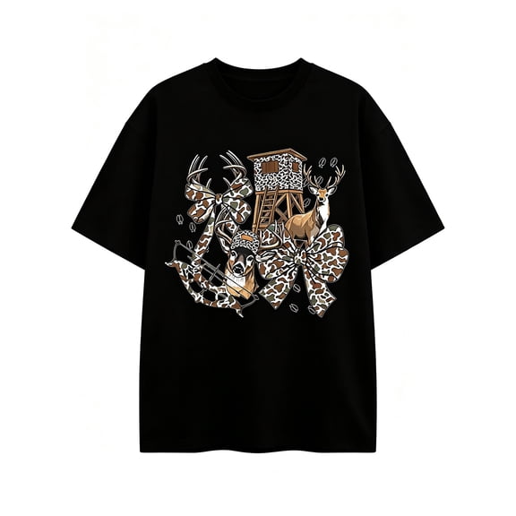 Women's Black Crew Neck Oversized Graphic T‑Shirt, Hunting Deer Leopard Bow Western Country Short Sleeve Tee