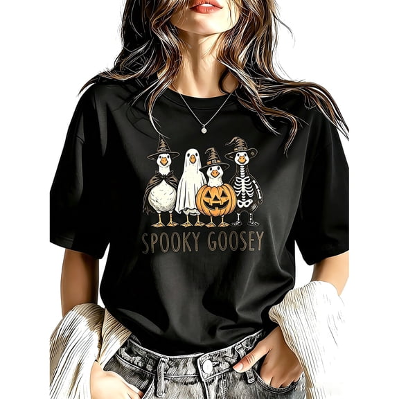 Women's Black Crew Neck Oversized Graphic T‑Shirt, Spooky Goosey Halloween Fun Short Sleeve Tee
