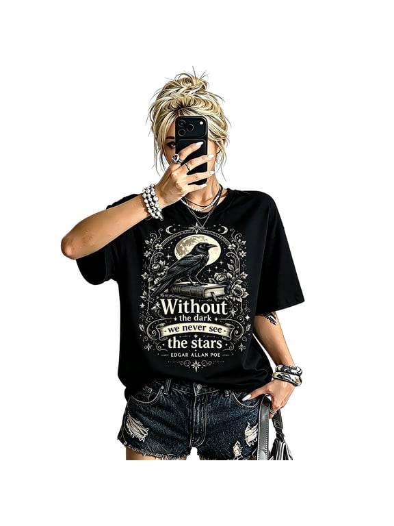 Women's Black Crew Neck Oversized Halloween Gothic T-Shirt, Edgar Allan Poe Raven Stars Quote Dark Academia Short Sleeve Tee