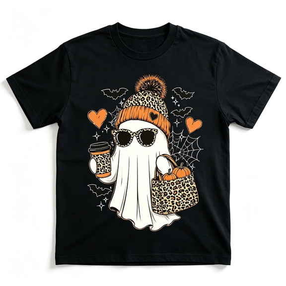 Women's Black Crew Neck Oversized Halloween Graphic T-Shirt, Leopard Ghost Coffee Pumpkin Spooky Short Sleeve Tee