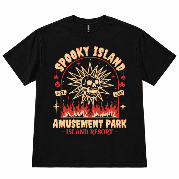 Women's Black Crew Neck Oversized Halloween Graphic T-Shirt, Spooky Island Amusement Park Vintage Skull Short Sleeve Tee