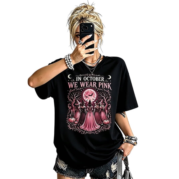 Women's Black Crew Neck Oversized Halloween T-Shirt, In October We Wear Pink Witch Breast Cancer Awareness Short Sleeve Tee