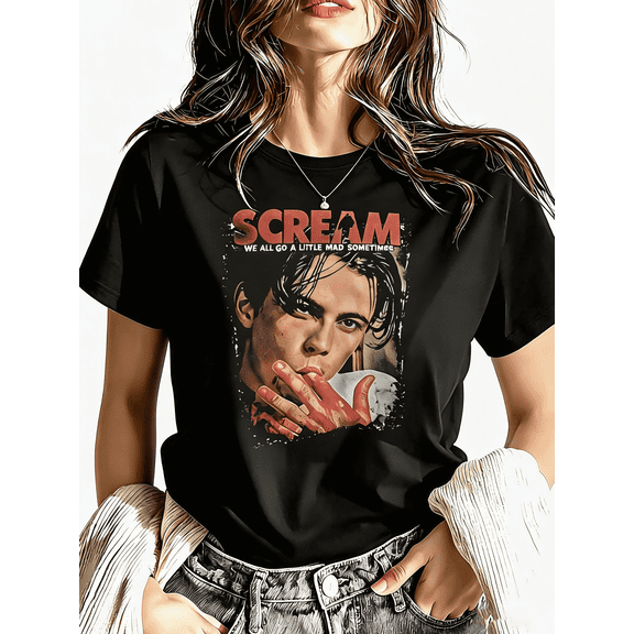 Women's Black Crew Neck Oversized Horror Movie T-Shirt, Scream We All Go A Little Mad Spooky Short Sleeve Tee