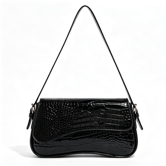 Women's Black Crocodile Embossed Shoulder Bag with Adjustable Strap