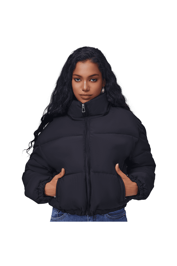 Women's Black Cropped Puffer Jacket Fashion Winter Warm Quilted Coat
