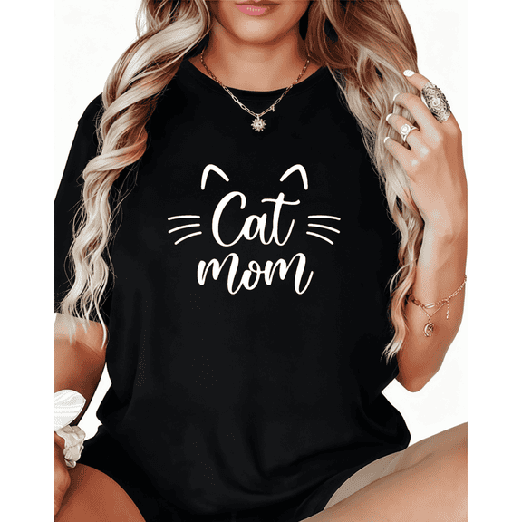 Women's Black Cute Cat Mom Text Print Tshirt Graphic Tees Shirts S-5XL Pet Lover Casual Tops