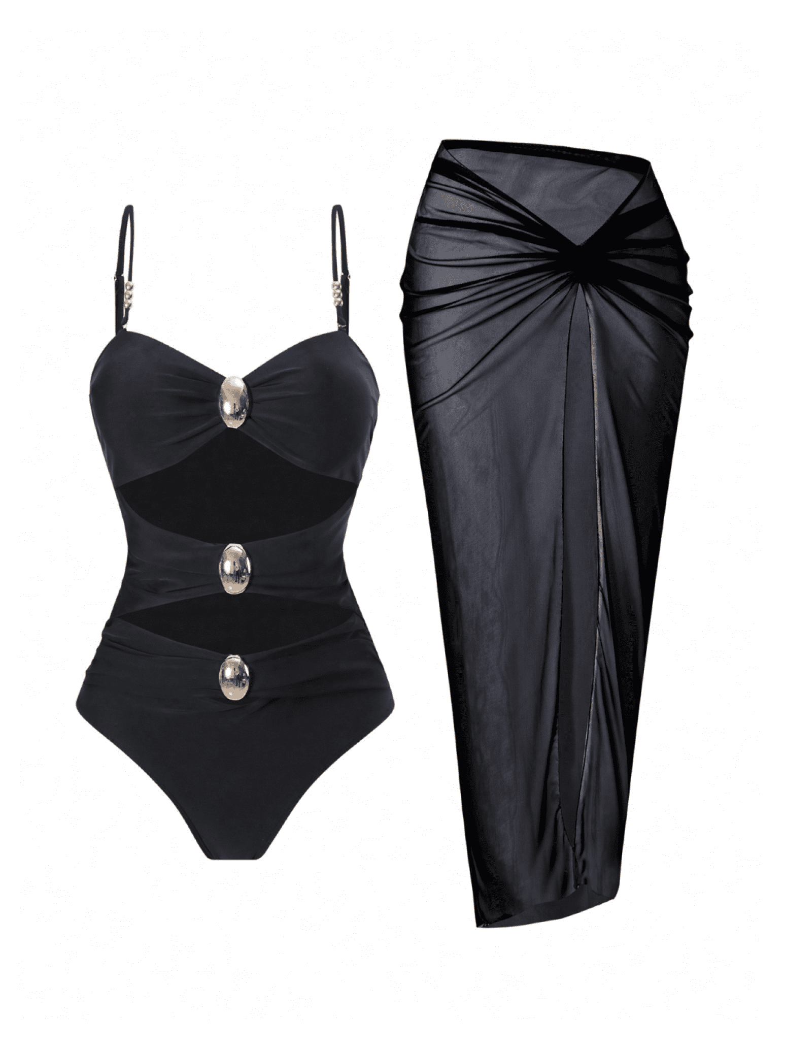 Women's Black Cutout One-Piece Swimsuit with Gold Hardware and Sheer ...