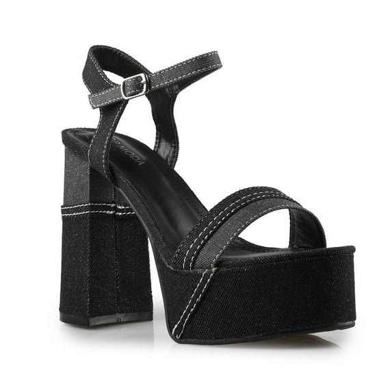 Women's Black Denim Chunky Heel Platform Sandals