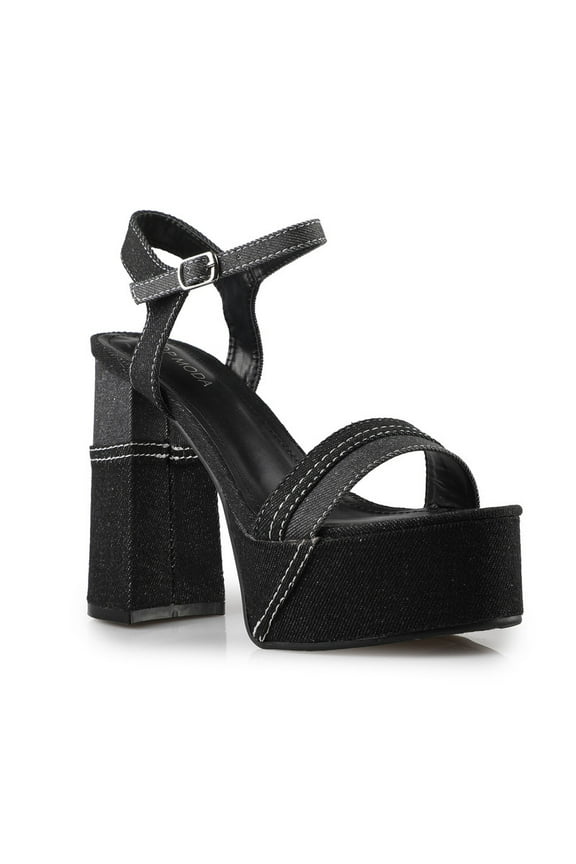 Women's Black Denim Chunky Heel Platform Sandals