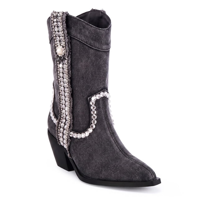 Women's Black Denim Rhinestones Mid Calf Boots Almond Pointed Chunky ...