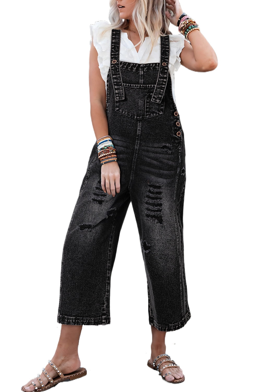 Overal Jean Women's Black Distressed Wide Leg Denim Overall with Bib Pocket ...
