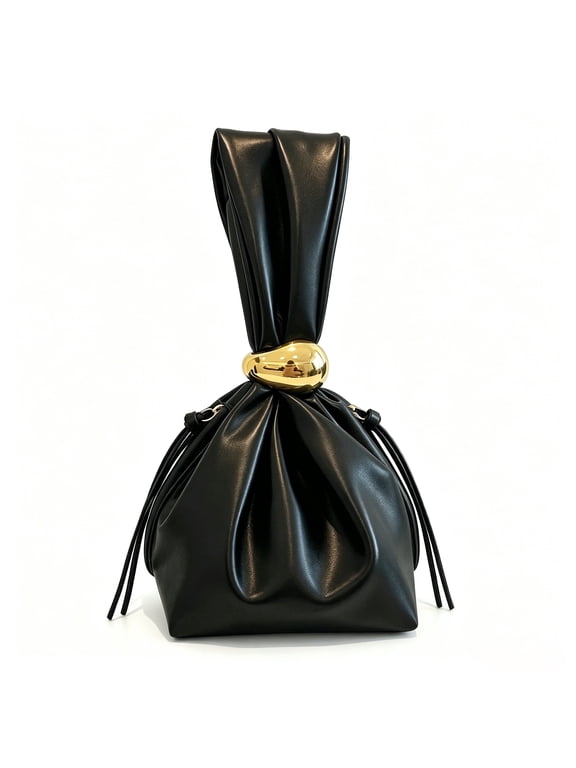 Women's Satin Evening Drawstring Pouch Bag, Black