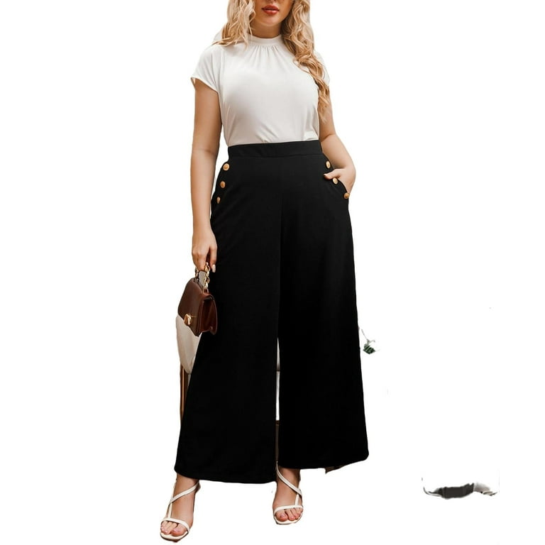Women s Black Elegant Plain Wide Leg Plus Size Pants Walmart