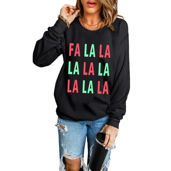 Women's Black FA LA LA Christmas Letter Graphic Sweatshirt - Cozy Holiday Fashion | [ZhiHiMeRi] | (US 4-6)S