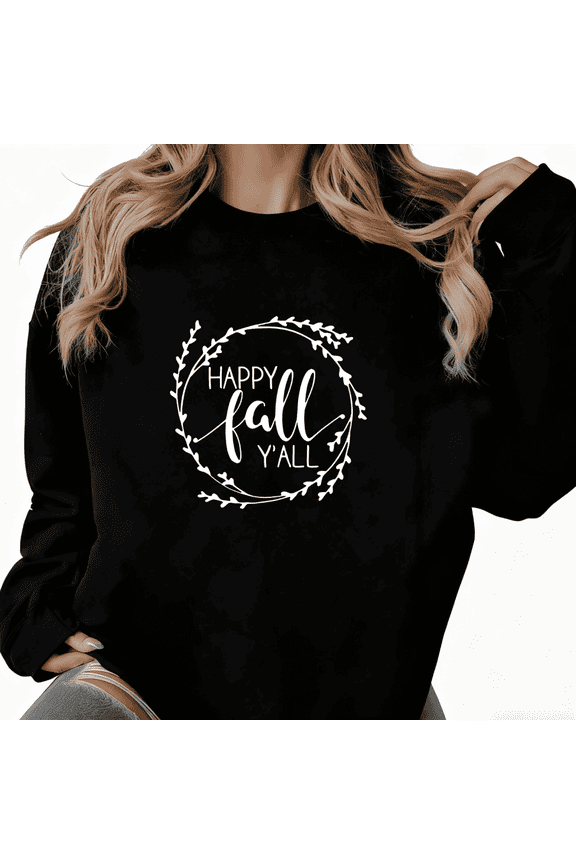 Women's Black Fall Text Wreath Art Pattern Niche Design Trendy Loose Casual Sweatshirt S-3XL