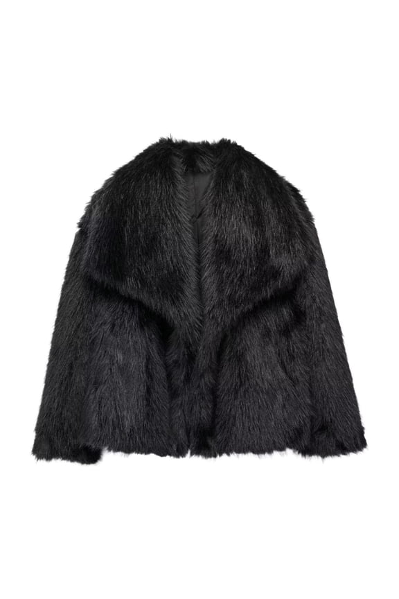 Women's Black Faux Fur Coat Solid Color Long Sleeve Warm Jacket for Winter in Classic Hue