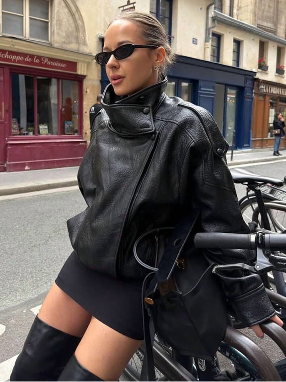 Women's Black Faux Leather Jacket, High Collar Loose Fit Long Sleeve Casual Outerwear for Fall