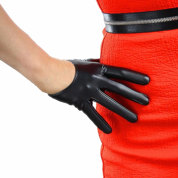 Women's Black Faux Leather Slim Fit Full Finger Party Gloves