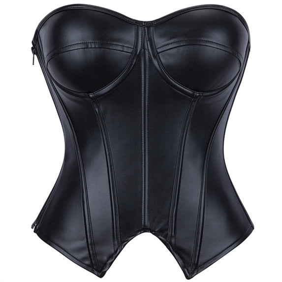 Women's Black Leather Sweetheart Strapless Corset Side Zipper Underwire Bust Shaping Bodice for Club Daily Layering