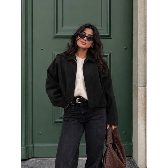 Women's Black Faux Suede Button-Front Jacket, Long Sleeve Loose Fit Casual Fall Outerwear
