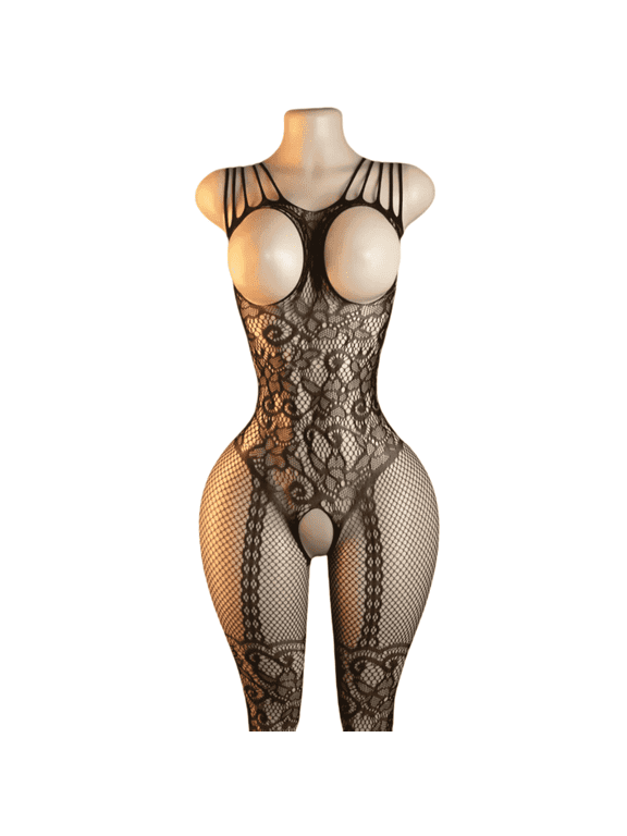 Womens Black Fishnet Lingerie Mini Dress, Sheer Mesh Sleeveless Bodycon Chemise, One Size