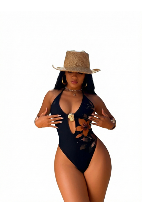 Women's Black Floral Halter Cutout One Piece Swimsuit – Gold Accent Bathing Suit