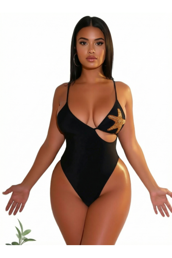 Women's Black Floral Halter Cutout One Piece Swimsuit – Gold Accent Bathing Suit