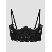 Women's Black Floral Lace Bralette, Underwire Scalloped Edge Bralette