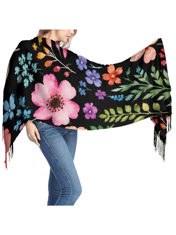 Women's Black Floral Leaf Print Scarf, Lightweight Fringed Fashion Shawl Wrap for Travel, Office, Evening and Everyday Layering, One Size