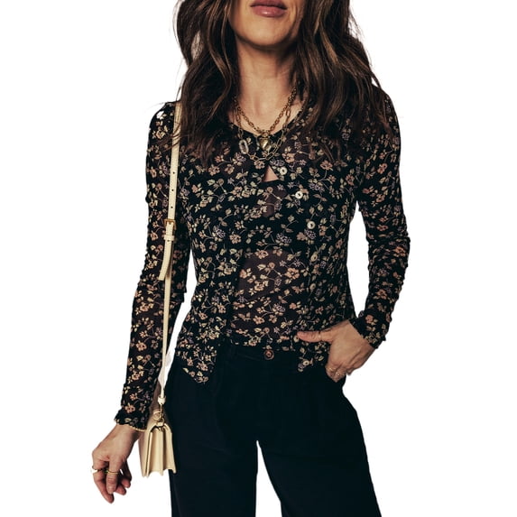Women's Black Floral Print Mesh Tank & Cardigan Set – Stylish Layering for Night Out | XL