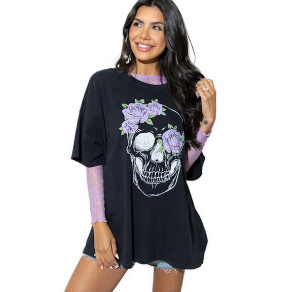 Women's Black Floral Skull Graphic Tunic T-Shirt for Halloween | [ZhiHiMeRi] | (US 12-14)L
