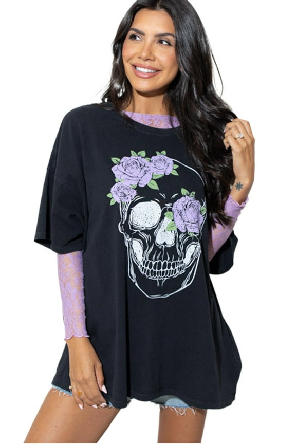Women's Black Floral Skull Graphic Tunic T-Shirt for Halloween | [ZhiHiMeRi] | (US 12-14)L