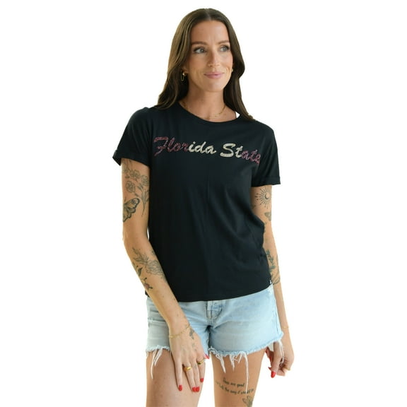 Women's Black Florida State Seminoles Hand Sewn Beaded Script T-Shirt