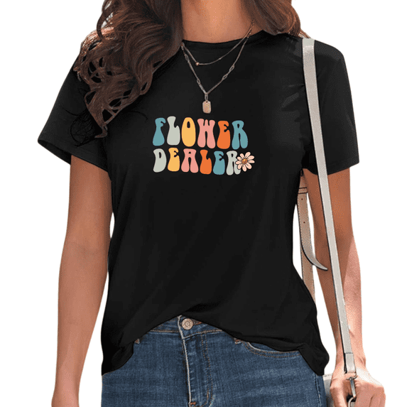 Women's Black "Flower Dealer" Retro Groovy Print T-Shirt Casual Short Sleeve Tees for Florist Lover Tops S-5XL