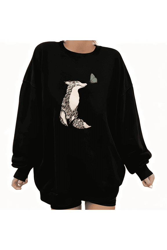 Women's Black Fox Butterfly Art Pattern Artistic Niche Design Trendy Casual Sweatshirt S-3XL
