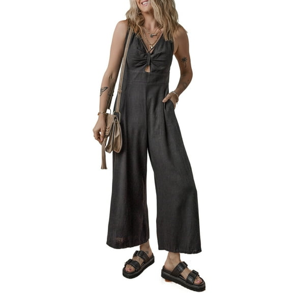 Women's Black Front Cut Out Smocked Back Sleeveless Wide Leg Jumpsuit - [ZhiHiMeRi] | (US 12-14)L